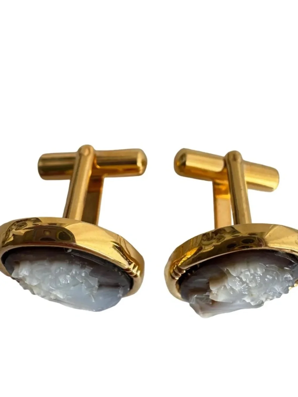 Vintage Black Shell Cameo Cufflinks Victorian Portrait Gold Tone Formal Wedding